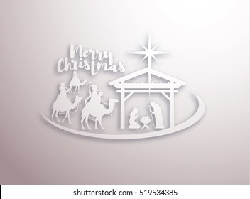 vector illustration Birth of Christ, baby Jesus reaching the Magi bear gifts, three wise kings and star of bethlehem, nativity christmas graphics design elements