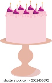 Ilustración vectorial de una torta de cumpleaños. Gran torta con velas. Torta rosada-violeta en un estrado. 