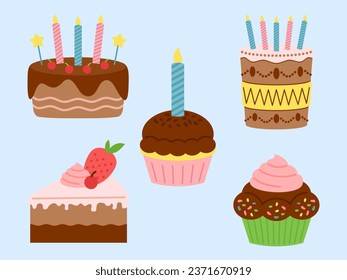 Vector Illustration of Birthday Cake in Vector Cartoon Flat Style. Collection Set of Invitation Card Element.