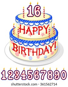 Vector illustration of a birthday cake with a collection of numbered candles for customization.