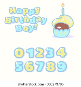 Vector illustration with birthday cake. Cute cartoon style. Happy Birthday, Boy!