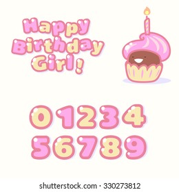 Vector illustration with birthday cake. Cute cartoon style. Happy Birthday, Girl!