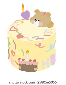 A vector illustration of a birthday cake decorated with cute bears, creating a charming and playful design, perfect for birthday celebrations, party invitations, and festive themes.