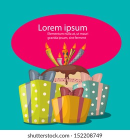 Vector illustration with birthday cake and gift boxes