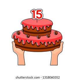 Vector illustration of a birthday cake, birthday cake with numbers. chocolate cake with pink icing. cake in hand