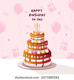 Vector illustration of birthday cake on pink background with balloons and presents