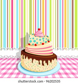 vector illustration of birthday cake on colorful backdrop