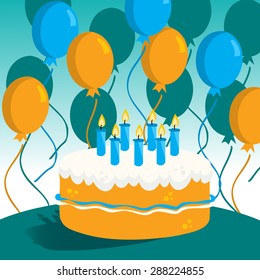 A vector illustration of a birthday cake and party balloons in blue and orange.