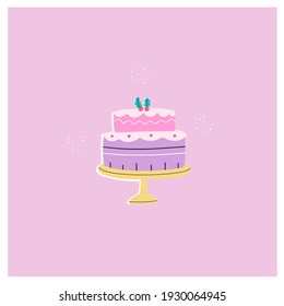 Vector illustration of birthday cake or pie with decorations. Colorful festive postcard. Hand drawn cartoon flat  style.