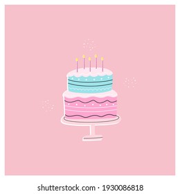 Vector illustration of birthday cake or pie with burning candles and decorations. Colorful festive postcard. Hand drawn cartoon flat  style. 