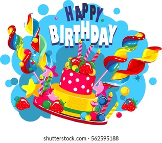 Vector illustration of birthday cake and sweets for birthday