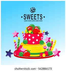 Vector illustration of birthday cake and sweets for birthday