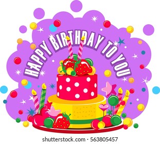 Vector illustration of birthday cake and sweets for birthday