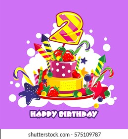 Vector illustration of birthday cake birthday sweets decorated with candles and the number of 2 year