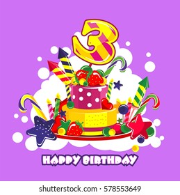 Vector illustration of birthday cake birthday sweets decorated with candles and the number of 3 year
