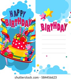 Vector illustration of birthday cake and sweets on a bilateral leaflet second side of space for text