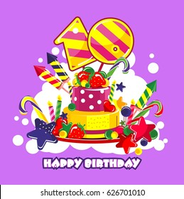 Vector illustration of birthday cake birthday sweets decorated with candles and the number of 10 year