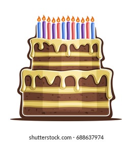Vector illustration of birthday Cake: two tier festive dessert with 12 colorful burning candles on white background, icon anniversary cake, chocolate wedding cake with vanilla icing for holiday event.