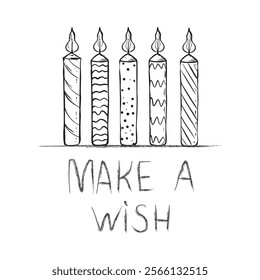 Vector illustration of birthday candles in line art style with hand-drawn "Make-A-Wish" lettering. Perfect for greeting cards, invitations, and festive projects.