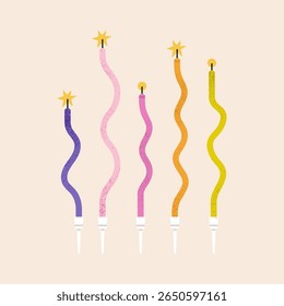 Vector illustration of birthday candles set. Good for prints, greeting card and stationery design, party invitations, and other celebratory materials. Colorful design, wavy form.