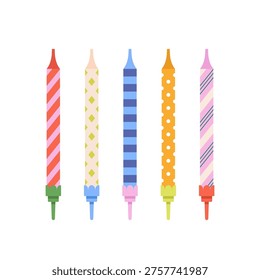 Vector illustration of birthday candles set. Good for prints, greeting card and stationery design, party invitations, and other celebratory materials. Colorful design, various ornaments.