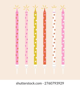Vector illustration of birthday candles set. Classical form decorated with stars pattern. Good for prints, greeting card and stationery design, party invitations. Colorful design.
