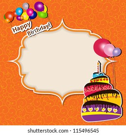 Vector illustration of Birthday card with cake and balloons