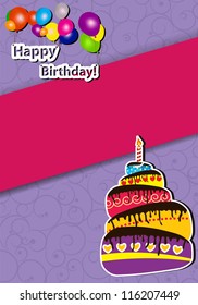 Vector illustration of Birthday card with cake and balloons.