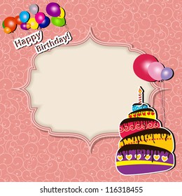 Vector illustration of Birthday card with cake and balloons