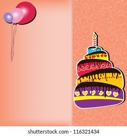 Vector illustration of Birthday card with cake and balloons