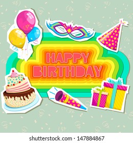 vector illustration of birthday card with cake and gifts