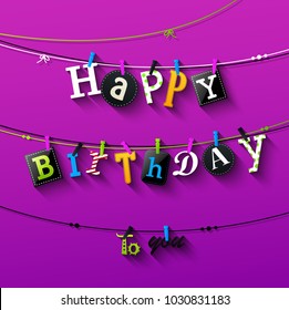 Vector illustration of Birthday card with Clothespin and colorful letters hang on rope