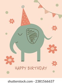 Vector illustration Birthday card green elephant festive garland and birthday cap on a pink background Baby poster congratulations invitation