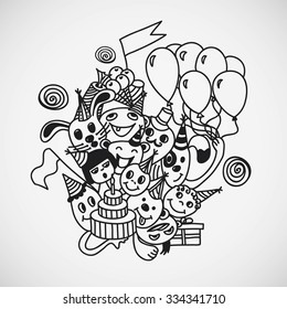Vector illustration of birthday. Coloring book page design. 