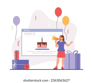 Vector illustration of a birthday concept. Cartoon scene with a girl shouting into a megaphone, a social media post with a cake with a candle, gifts of different sizes, balloons on a white background.