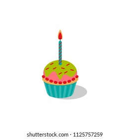 Vector illustration. Birthday cupcake with burning candle. Cupcake with icing.