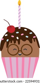 Vector illustration with birthday cupcake with candle, chocolate cream, sprinkles and cherry. Vector chocolate muffin character with smiling face