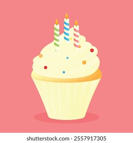 vector illustration of a birthday cupcake with candles on top