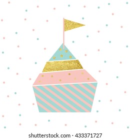 Vector illustration of birthday cupcake card. Greeting birthday invitation. Isolated on white background.