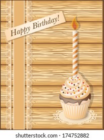 vector illustration  birthday cupcake on the wood background- eps10