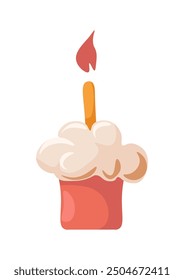 Vector illustration of a birthday cupcake with a single lit candle, isolated on a white background. Ideal for birthday cards, party invitations, or celebration designs.