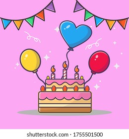 Vector illustration of birthday delicious cake with triangel flag and balloon