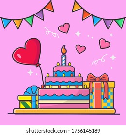 Vector illustration of birthday delicious cake with gift triangel flag and balloon