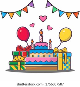 Vector illustration of birthday delicious cake with gift and baloon