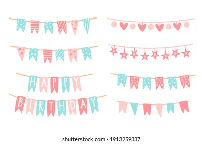 Vector illustration with birthday flags set. Cute doodle hand drawn artwork in pastel pink-blue colour. Happy Birthday text lettering. Celebration and anniversary elements for design and concept