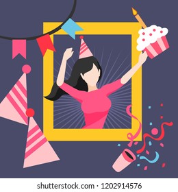 Vector illustration of birthday girl happy to bring a cake with a colorful background