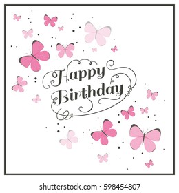 Vector Illustration of a Birthday Greeting Card with Pink Butterflies