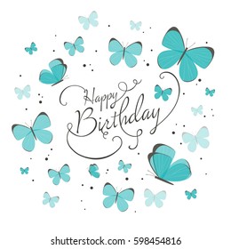 Vector Illustration of a Birthday Greeting Card with Blue Butterflies