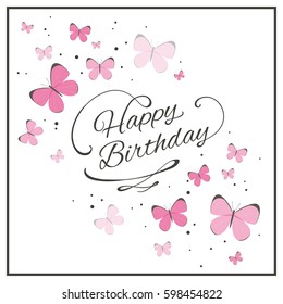 Vector Illustration of a Birthday Greeting Card with Pink Butterflies