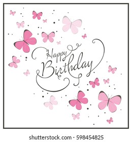 Vector Illustration of a Birthday Greeting Card with Pink Butterflies